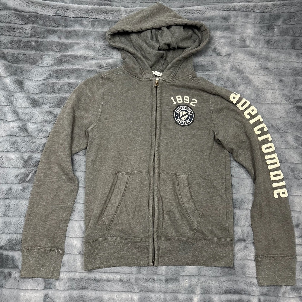 Abercrombie Kids XL Charcoal Gray Zip Up Hoodie Muscle Fit 1892 Sleeve Logo